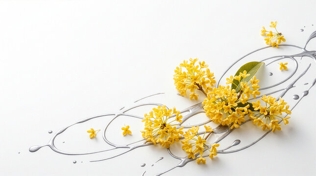 Osmanthus 052 Small Yellow Flowers with Curving Liquid Silver Lines on White Background（白背景の上に広がる曲線的なシルバーの液体ラインと小さな黄色い花）