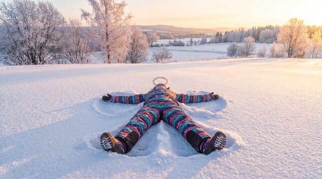Person making snow angel in winter landscape during sunrise outdoors.