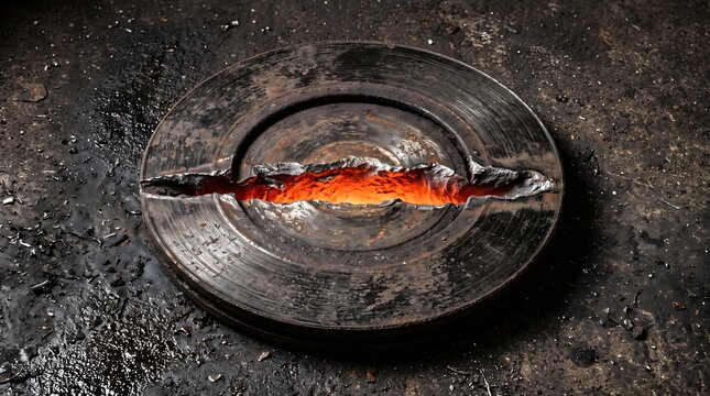 A cracked metal disc glowing with molten heat, representing catastrophic failure under extreme friction and stress.
