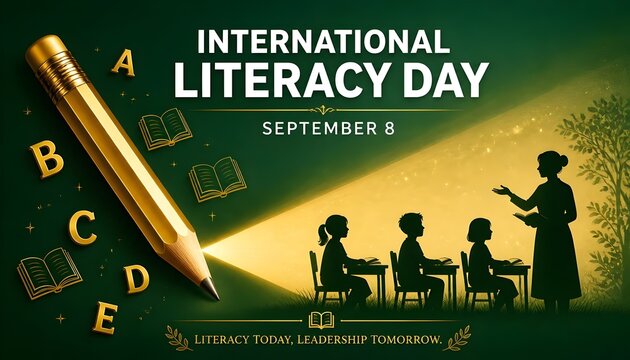 International Literacy Day banner featuring teacher and students with glowing pencil on green background