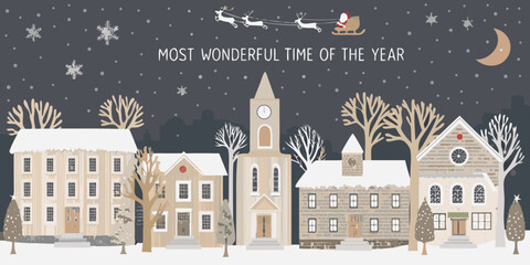 Winter village scene with snow covered houses and reindeer vector illustration © mdemamul