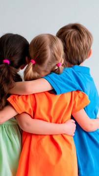 rear view studio portrait of three children in bright colorful outfits hugging each other, faces turned away from camera, light studio background, sibling bond and family ties
