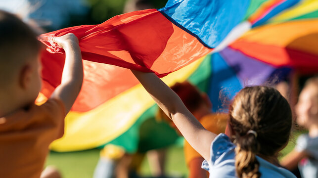 low angle rear view of children and teachers playing with a rainbow parachute on a bright green lawn, backs to camera, summer camp activity concept, teamwork, playground,