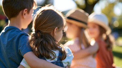 Fototapeta premium rear view of four children hanging out together in a bright garden, backs to camera, casual summer clothing, friendship concept, childhood, outdoor, nature, playground, lifestyle,