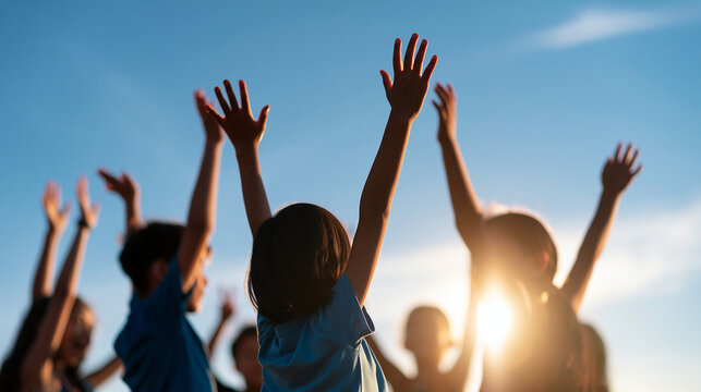 silhouette rear view of a diverse group of children playing together with raised hands under a bright open sky, joyful unity and hope concept, friendship, community, diversity,