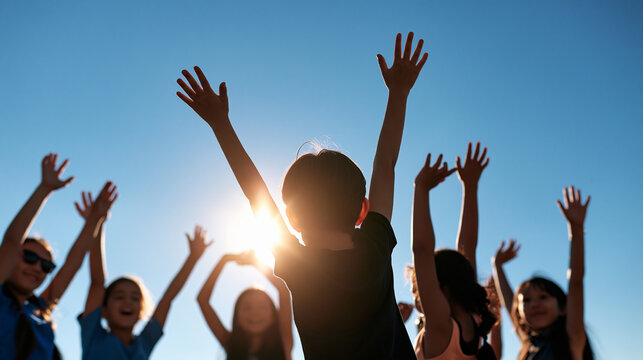 silhouette rear view of a diverse group of children playing together with raised hands under a bright open sky, joyful unity and hope concept, friendship, community, diversity,