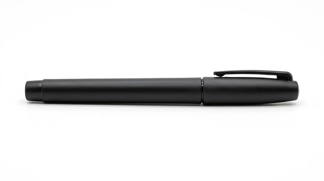Matte black marker pen with cap and pocket clip lying horizontally, isolated on white with copy space
