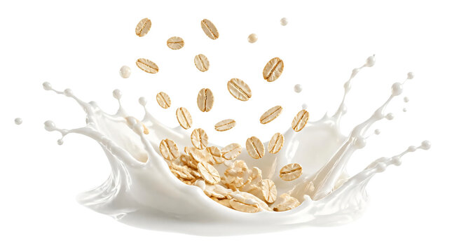 Flying oats with milk splash isolated on transparent background