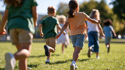 Fototapeta premium rear view of a diverse group of children running together across a bright sunny park lawn, backs to camera, friendship and unity concept, childhood, peace, kindness, playground,