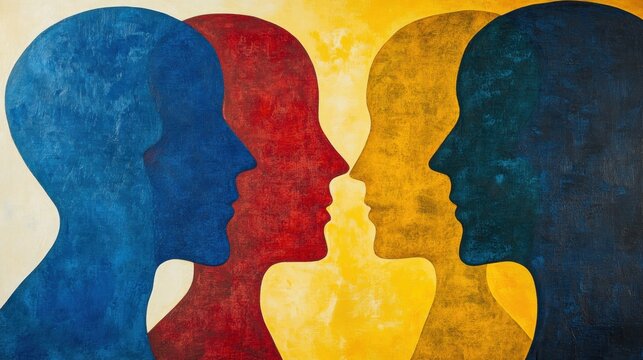 Abstract painting of four profile heads in blue, red, and gold, facing each other.