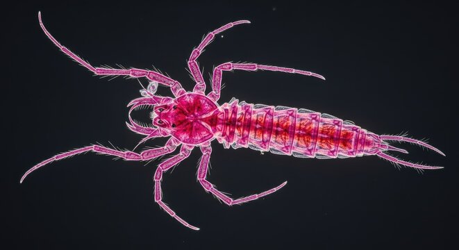 A macro photograph showcases a vibrant pink freshwater amphipod, also known as a fairy shrimp, against a stark black background.
