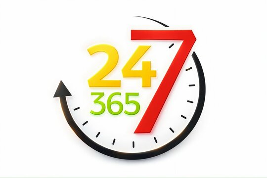 Modern clock icon showing 24 7 365 availability service hours with arrow