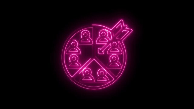 Neon pink target audience segmentation icon with dart hitting bullseye and people icons divided