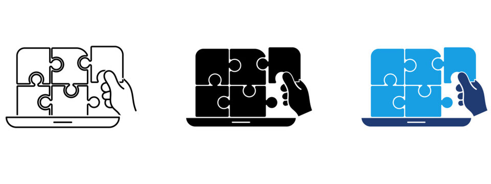 Hand inserting puzzle piece into laptop icon. Symbol of solution, strategy, collaboration, problem solving, business integration, digital development, and system setup.