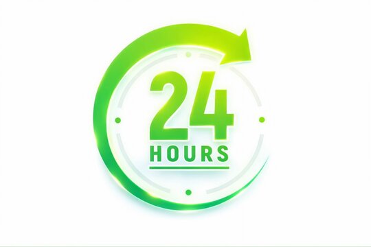 Green 24 hours clock icon with arrow showing continuous time service