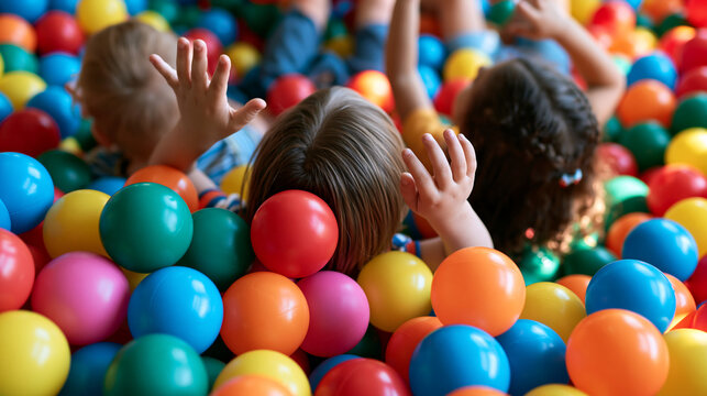 aerial view of three children playing in a bright colorful ball pit, raising their hands, faces angled away from camera, children's play center concept, childhood, fun,