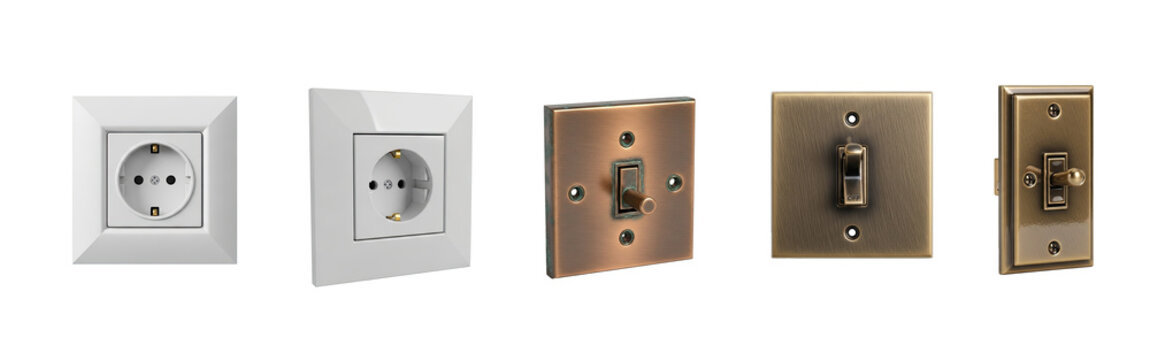 Collection of electrical wall outlets and a light switch are arranged in a row on a transparent background. The outlets and switch are presented in different finishes, including brushed nickel