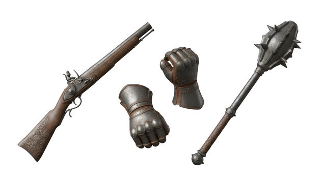 Set of Medieval Weapons and Protective Steel Gauntlets
