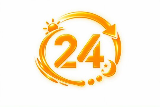 Bright 24 hours clock icon with sun symbol and continuous arrows