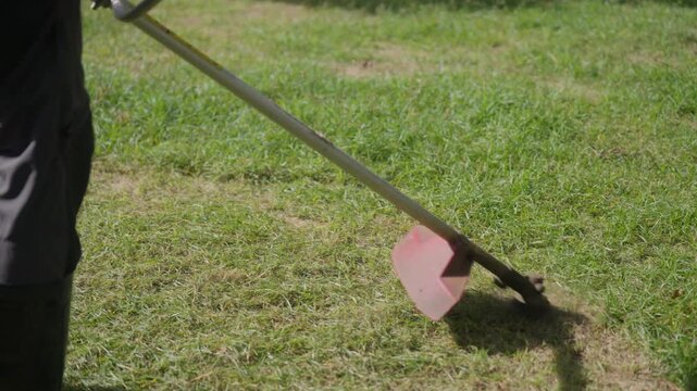 Gardener uses a string trimmer to cut overgrown grass outdoors, representing lawn maintenance, landscaping, yard care, gardening work, property upkeep, and routine home maintenance