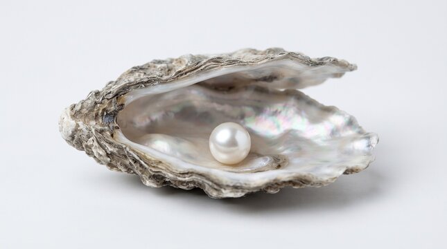 Natural oyster shell with white pearl, open seashell showing iridescent mother of pearl interior, luxury jewelry concept on white background