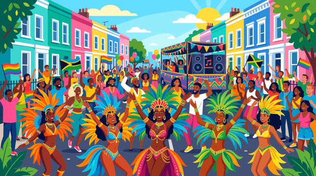 Caribbean Carnival Celebration - People Dancing in Colorful Street Parade