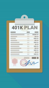 Animated clipboard holding a 401K retirement plan document being signed and stamped, symbolizing approved pension agreement and financial security.