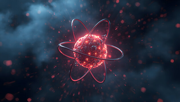 Glowing Crimson Atomic Structure with Protons Neutrons and Energy Particles
