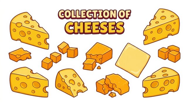 Collection of cheeses a colorful vector illustration with various shapes and textures cheddar emmental gouda swiss cheese dairy product assortment graphic food yellow