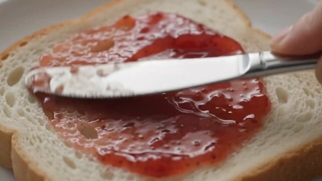 Strawberry Jam Spreading on Bread &mdash; Extreme Close-Up