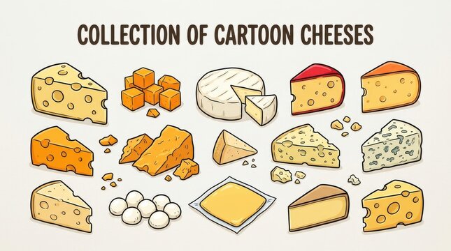 Collection of cartoon cheeses a colorful vector illustration cheddar emmental gouda brie mozzarella swiss parmesan cheeseboard dairy milk food cuisine hand-drawn sketch doodle