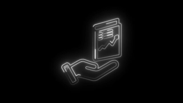 Glowing neon hand holding open book with upward trending graph and data charts abstract icon