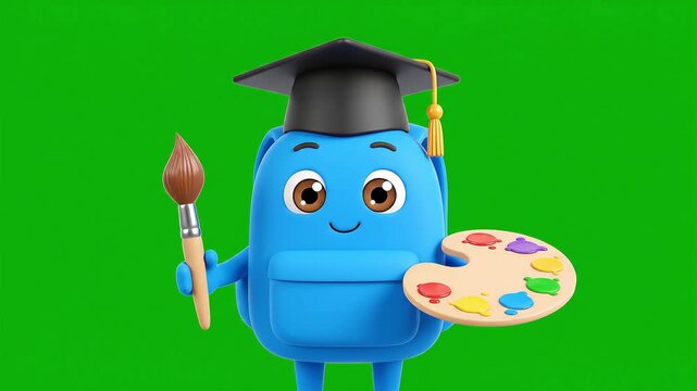 A cute blue cartoon backpack character wearing a graduation cap, holding a paintbrush and an artist's palette, on a green screen background.