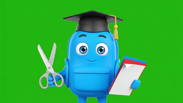 A cheerful blue cartoon backpack character wearing a graduation cap, holding scissors and a clipboard, standing against a green screen background.