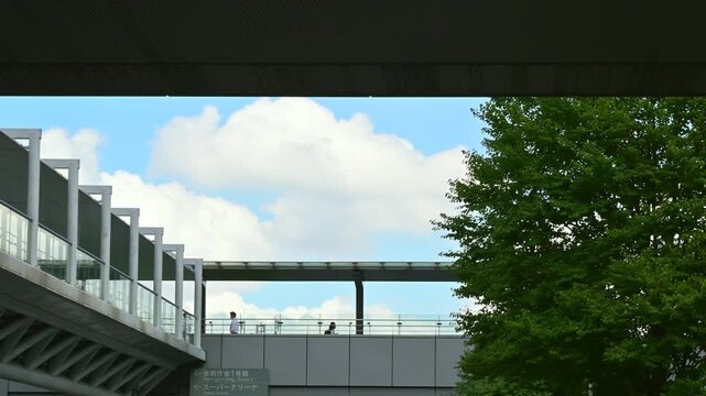 さいたま新都心のビル群繋ぐ通路と新緑