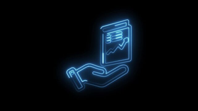 Glowing blue neon outline of a hand holding a book with a rising graph symbolizing financial... icon
