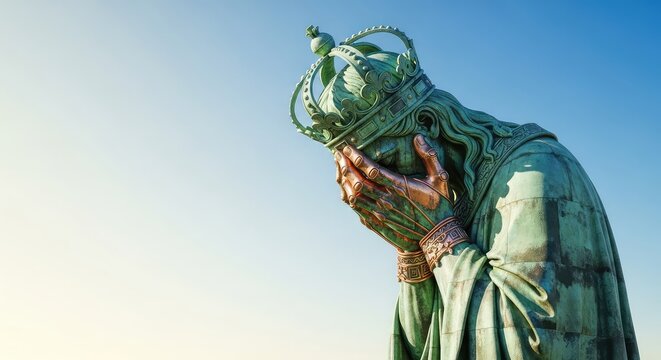 A colossal weathered green monument bows its crowned head low, covering its face with a large copper hand in a gesture of deep shame, figure, hands, failure