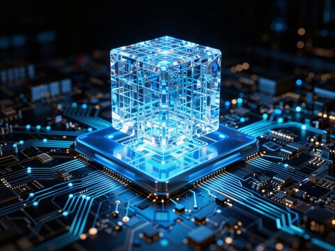Transparent blue cube hovering over a glowing circuit board