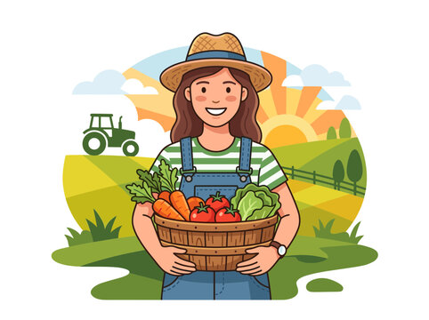 A flat vector icon depicting a male farmer with a straw hat holding a basket of fresh vegetables, symbolizing agriculture, harvest, and essential food industry workers for Labor Day.