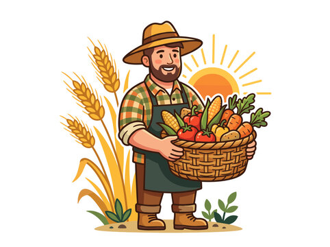 Farmer Harvest Vegetables Flat Vector Icon for Labor Day Agriculture