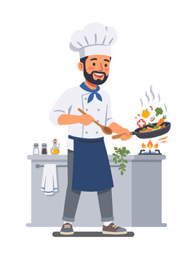 A cheerful flat vector icon of a male chef with a toque cooking with a frying pan, representing the hospitality and food service industry for Labor Day.