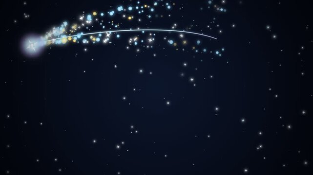 Glowing shooting star animation soaring across a dark starry night sky backdrop, leaving a sparkling trail of magic particles and glowing light bokeh for whimsical celestial VFX overlay.
