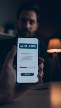 Man holding smartphone showing microlearning education app with progress bar and start button in dark room, mobile microlearning and e-learning concept