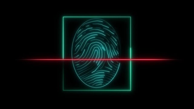 Biometric fingerprint scan animation moves red laser lines over dark. Fingerprint security access symbol offers high tech identity verification. Scan animation is clean.