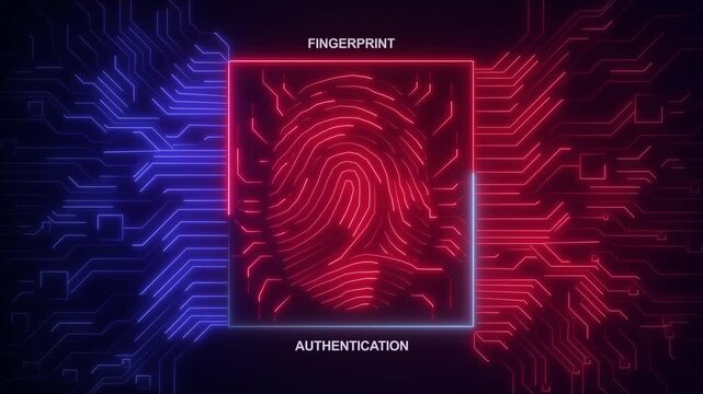Biometric fingerprint authentication animation displays glowing neon lines. Fingerprint scan layout provides secure identity verification. Digital security is sleek.