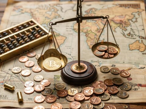 Bitcoin coins on a scale balanced against vintage world map and curren