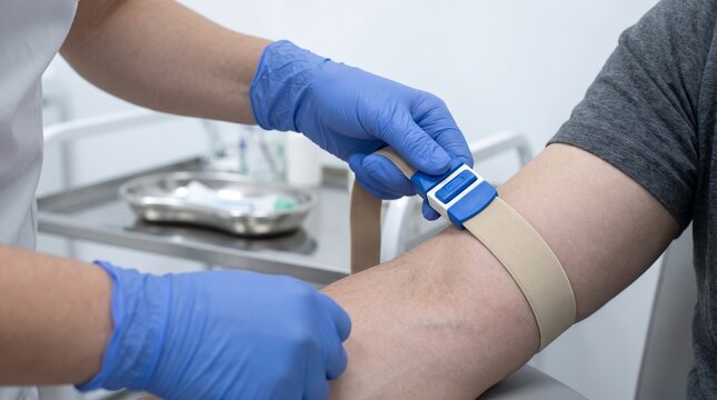 Medical professional applying elastic tourniquet to patient's arm