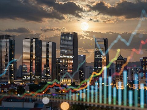 City skyline at dusk with financial charts overlay
