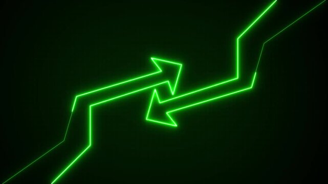 Neon green arrows exchange animation displays intersecting lines. Green arrows graphic loop highlights currency exchange data movement. Arrows animation is sleek.