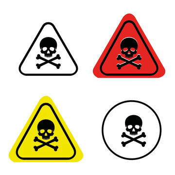 Toxic hazard warning sign set with skull and crossbones, poison danger alert symbols in yellow, red, and black, industrial safety vector icons vector